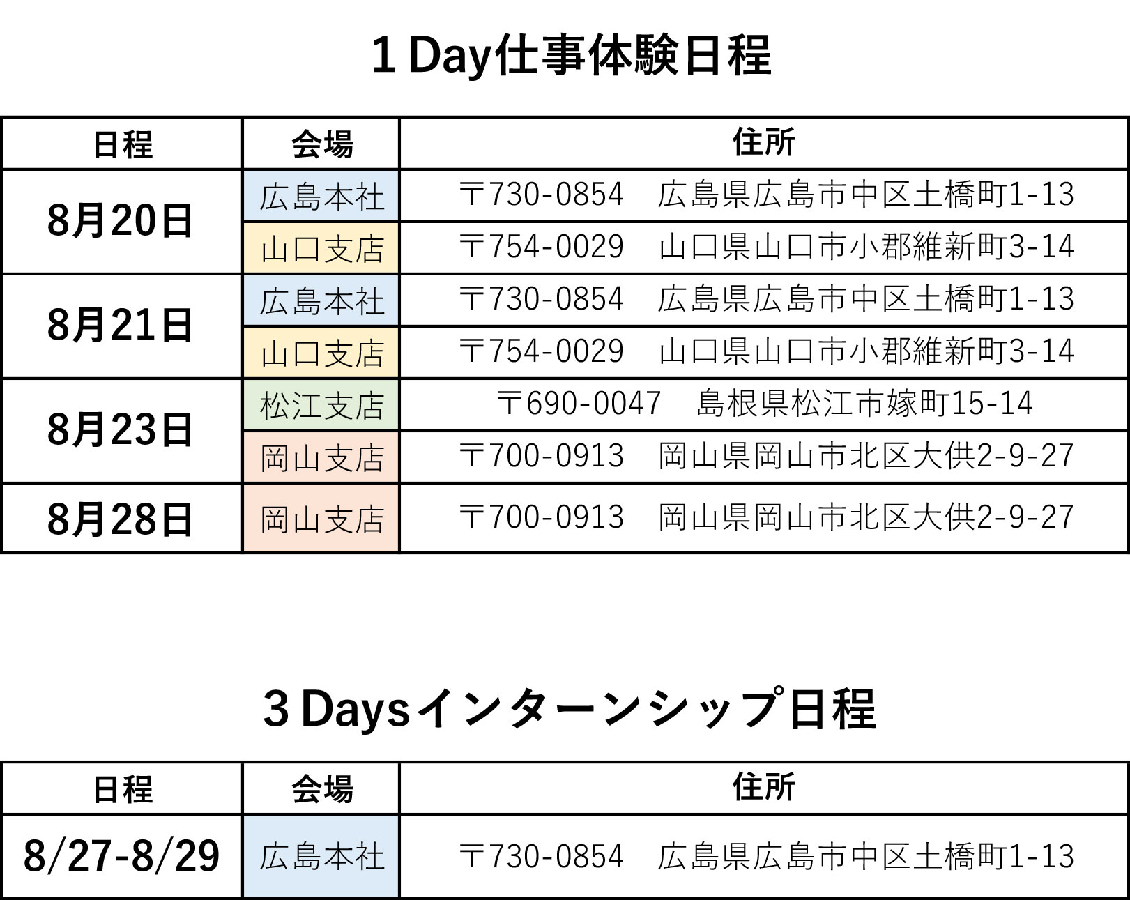 １Day仕事体験日程、３Daysインターンシップ日程